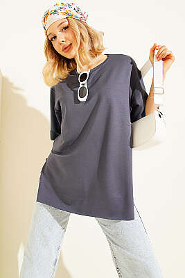 Loyşa Duble Kol Yırtmaçlı T-shirt Füme 