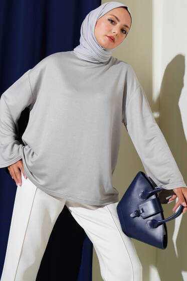 Loyşa Düşük Omuz Basic Tunik Gri - Tunik