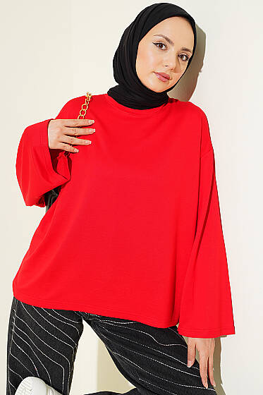 Loyşa Düşük Omuz Basic Tunik Kırmızı - Tunik
