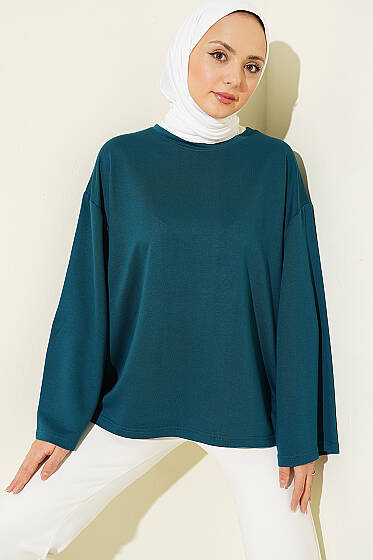Loyşa Düşük Omuz Basic Tunik Petrol - Tunik