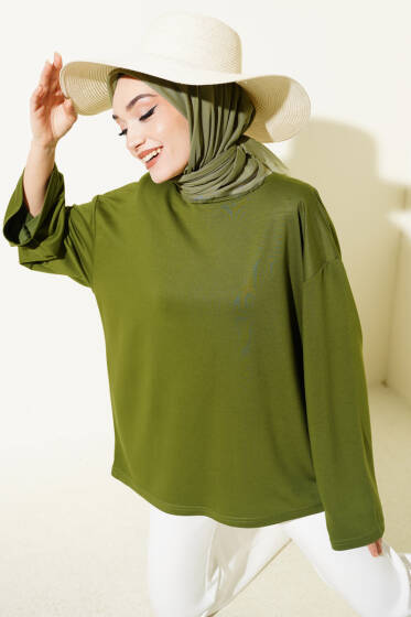 Loyşa Düşük Omuz Basic Tunik Yeşil - Tunik