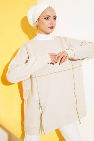 Loyşa Fermuar Detaylı Tunik Bej - Tunik