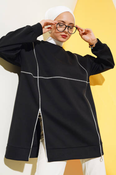 Loyşa Fermuar Detaylı Tunik Siyah - Tunik