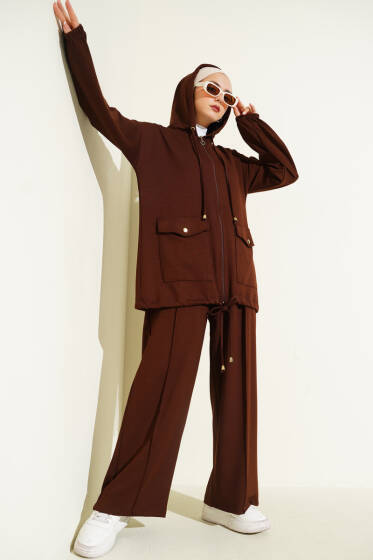 Loyşa Fermuarlı Cepli Kapüşonlu İkili Takım Acı Kahve - İkili Takım