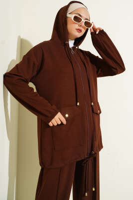 Loyşa Fermuarlı Cepli Kapüşonlu İkili Takım Acı Kahve - İkili Takım