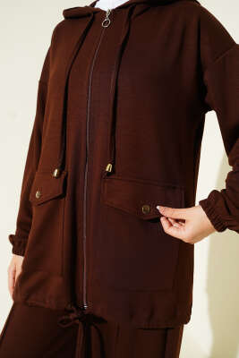 Loyşa Fermuarlı Cepli Kapüşonlu İkili Takım Acı Kahve - İkili Takım