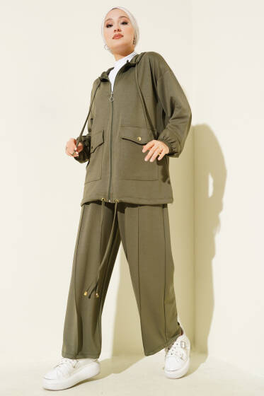 Loyşa Fermuarlı Cepli Kapüşonlu İkili Takım Haki - İkili Takım