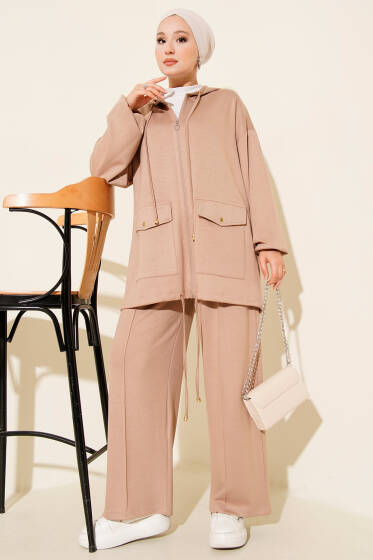 Loyşa Fermuarlı Cepli Kapüşonlu İkili Takım Latte - İkili Takım