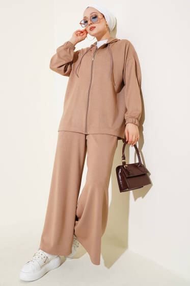Loyşa Fermuarlı Kapüşonlu Basic İkili Takım Latte - İkili Takım