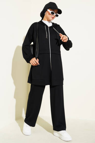 Loyşa Fermuarlı Kapüşonlu İkili Takım Siyah - İkili Takım