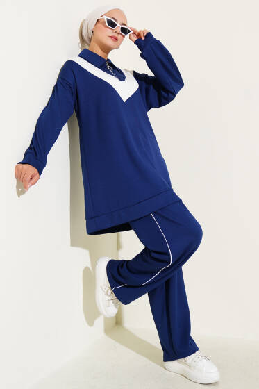 Loyşa Fermuarlı V Şeritli İkili Takım Lacivert - İkili Takım