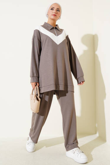 Loyşa Fermuarlı V Şeritli İkili Takım Vizon - İkili Takım