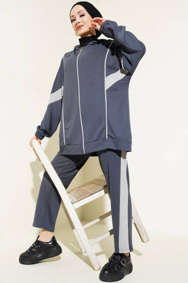 Loyşa Garnili Kapüşonlu İkili Takım Füme - İkili Takım