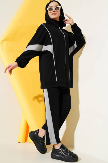 Loyşa Garnili Kapüşonlu İkili Takım Siyah - İkili Takım