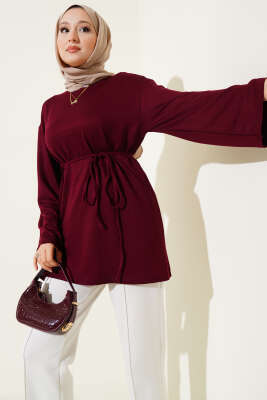 Loyşa Geniş Kollu İp Kuşaklı Tunik Bordo 