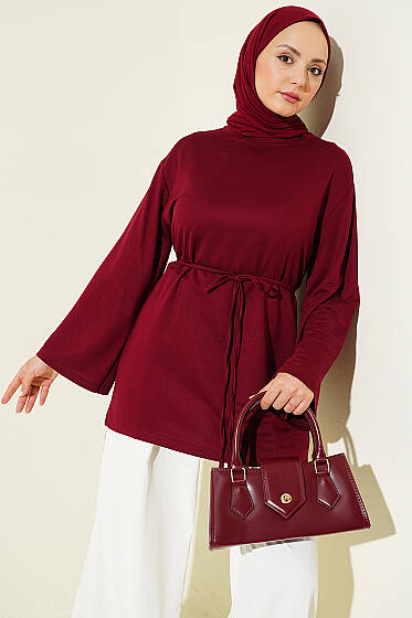 Loyşa Geniş Kollu İp Kuşaklı Tunik Bordo - Tunik