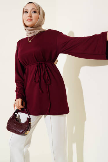 Loyşa Geniş Kollu İp Kuşaklı Tunik Bordo - Yılın Fırsatı 