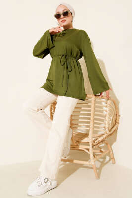 Loyşa Geniş Kollu İp Kuşaklı Tunik Haki - Yılın Fırsatı