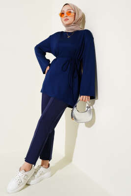 Loyşa Geniş Kollu İp Kuşaklı Tunik Lacivert 