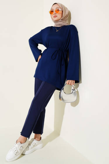 Loyşa Geniş Kollu İp Kuşaklı Tunik Lacivert - Yılın Fırsatı 