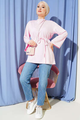 Loyşa Geniş Kollu İp Kuşaklı Tunik Pembe - Tunik