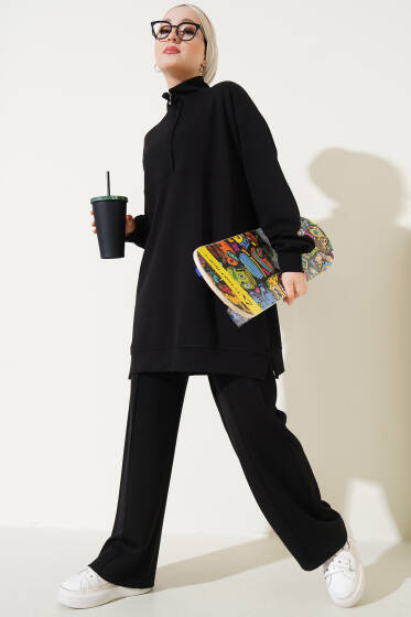 Loyşa Gizli Yarım Fermuarlı İkili Takım Siyah - İkili Takım