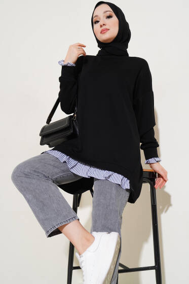 Loyşa Gömlek Garni Detaylı Tunik Siyah - Tunik