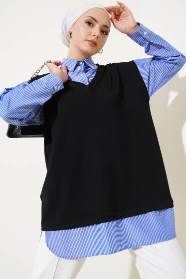 Loyşa Gömlek Garnili Tunik Siyah Mavi - Tunik