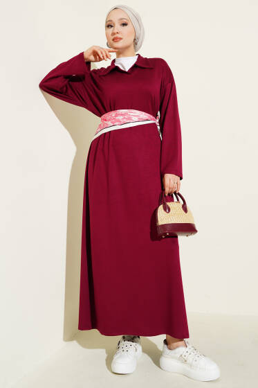Loyşa Gömlek Yaka Elbise Bordo - Elbise