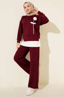 Loyşa Gül Desen İkili Takım Bordo 