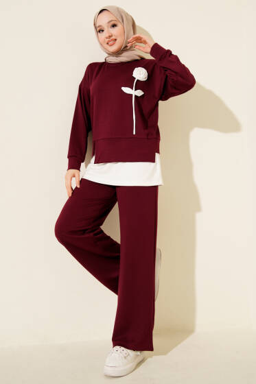 Loyşa Gül Desen İkili Takım Bordo - İkili Takım