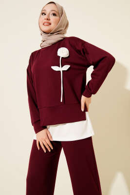 Loyşa Gül Desen İkili Takım Bordo - İkili Takım