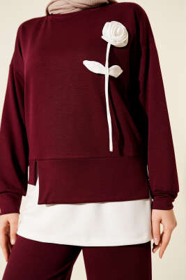 Loyşa Gül Desen İkili Takım Bordo - İkili Takım