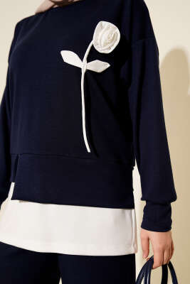 Loyşa Gül Desen İkili Takım Lacivert - İkili Takım