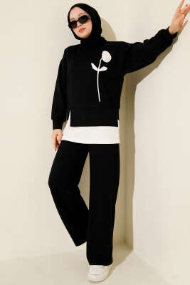 Loyşa Gül Desen İkili Takım Siyah - PİYES COLLECTİON