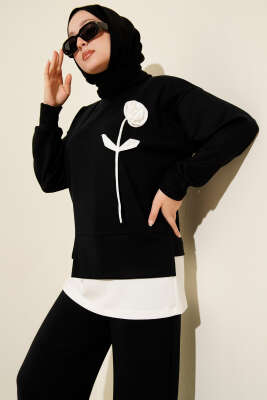 Loyşa Gül Desen İkili Takım Siyah - İkili Takım