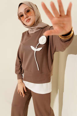 Loyşa Gül Desen İkili Takım Vizon - PİYES COLLECTİON