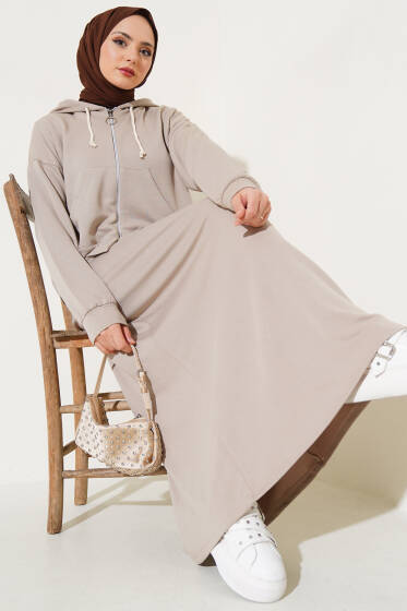 Loyşa Hırkalı Elbise İkili Takım Bej - İkili Takım