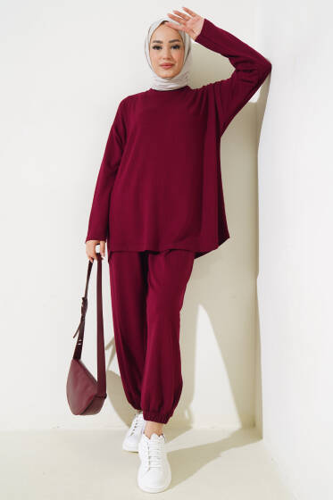Loyşa İnce Çizgili Salaş İkili Takım Bordo - İkili Takım