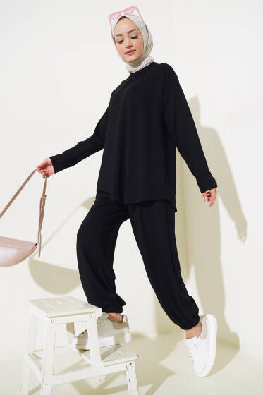 Loyşa İnce Çizgili Salaş İkili Takım Siyah - İkili Takım