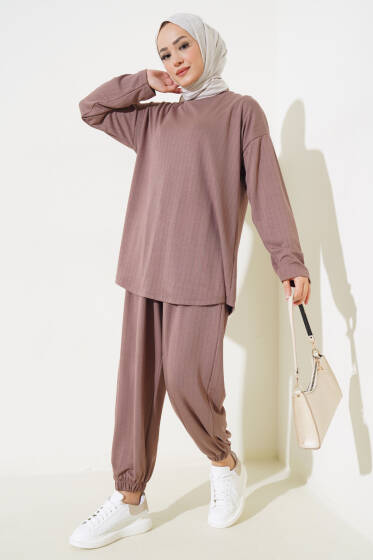 Loyşa İnce Çizgili Salaş İkili Takım Sütlü Kahve - İkili Takım