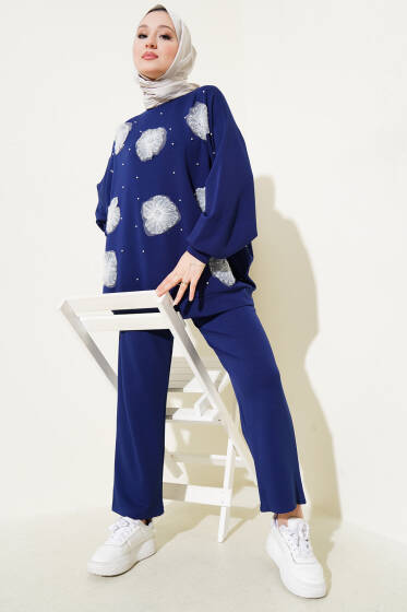 Loyşa İncili Tül Çiçekli İkili Takım Lacivert - İkili Takım