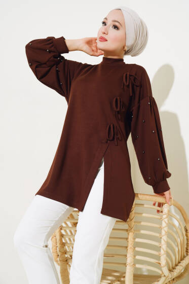 Loyşa İncili Yırtmaçlı Tunik Kahve - Tunik