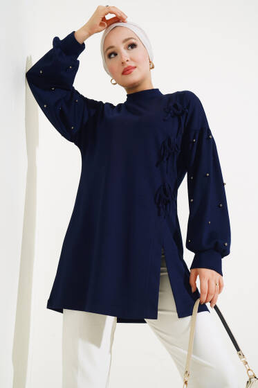 Loyşa İncili Yırtmaçlı Tunik Lacivert - Tunik