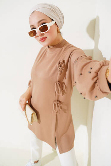 Loyşa İncili Yırtmaçlı Tunik Latte - Tunik