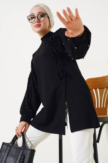 Loyşa İncili Yırtmaçlı Tunik Siyah - Tunik