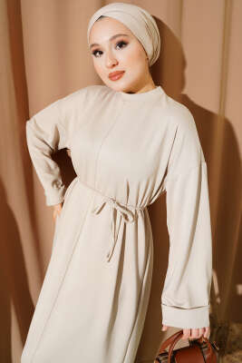 Loyşa İp Kuşaklı Duble Kol Elbise Bej - Elbise