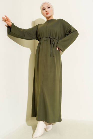 Loyşa İp Kuşaklı Duble Kol Elbise Haki - Elbise