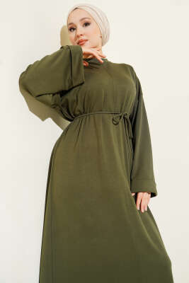 Loyşa İp Kuşaklı Duble Kol Elbise Haki - Elbise