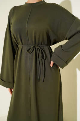 Loyşa İp Kuşaklı Duble Kol Elbise Haki - Elbise